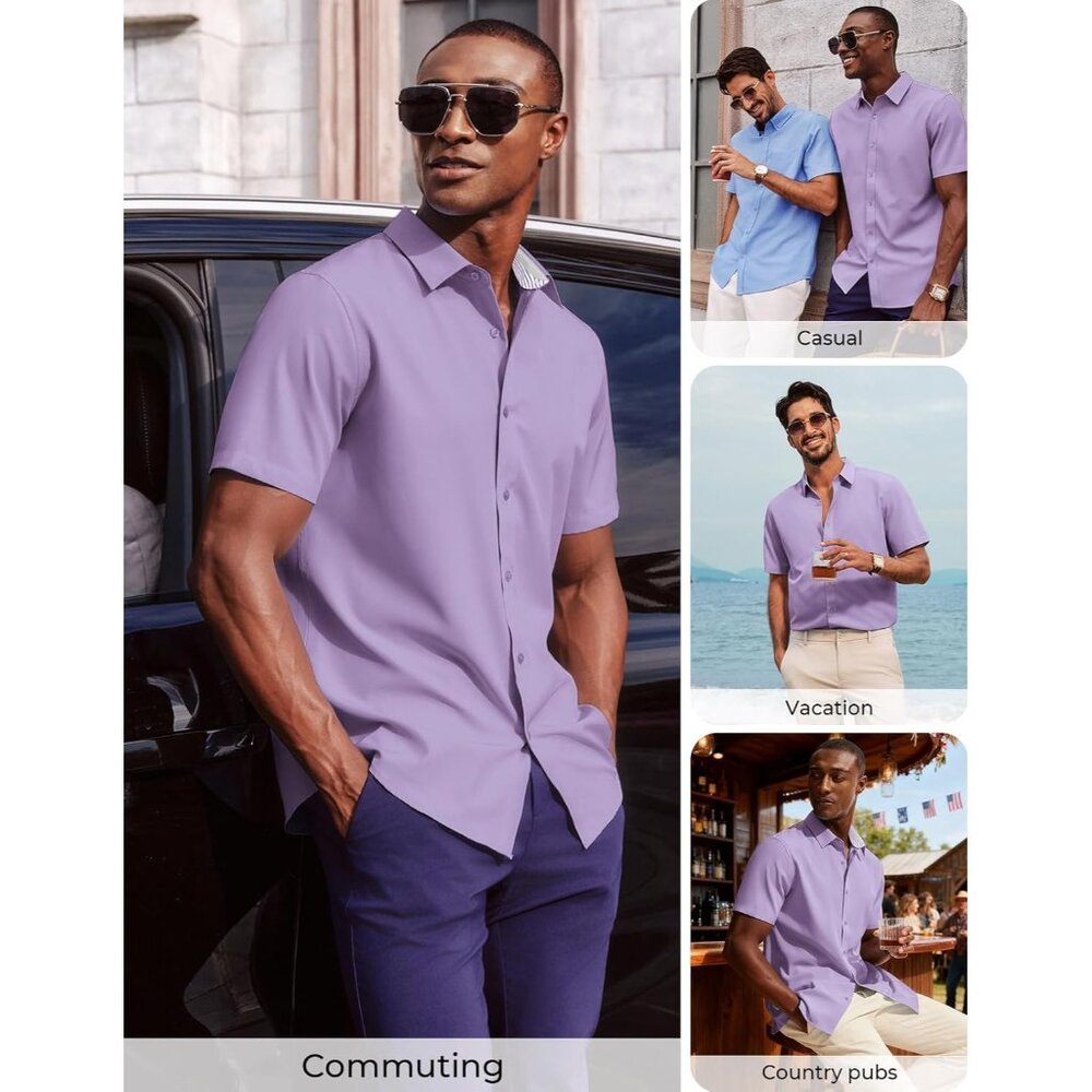 Men's Light Purple Short Sleeve Dress Stretch Wrinkle Free Untucked Shirts - Picture 4 of 7